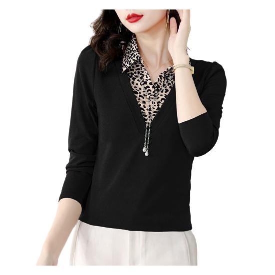 Women Leopard Print Jacket Patchwork Fake Two-Piece T-shirt Spring Autumn Casual Long