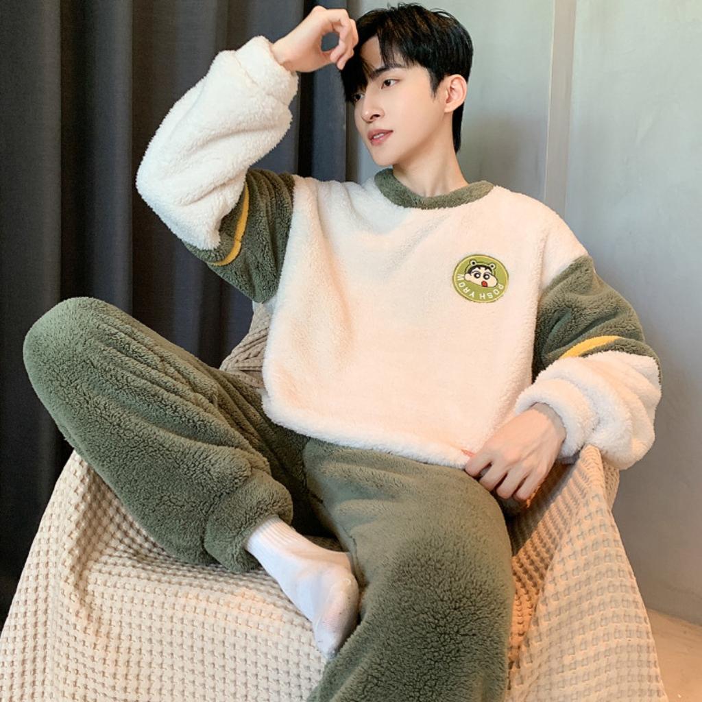 Winter, Coral Fleece, Pajamas, Men's Clothing, Thickened Fleece, Round Neck, Long Sleeved Pants, Suits, Home Clothes