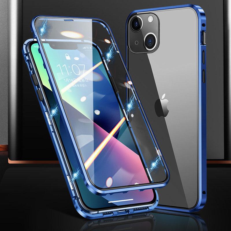 

Phone Case for iPhone 15 Plus Magnetic Adsorption Metal Frame+Double-sided Tempered Glass Clear Phone Cover Blue