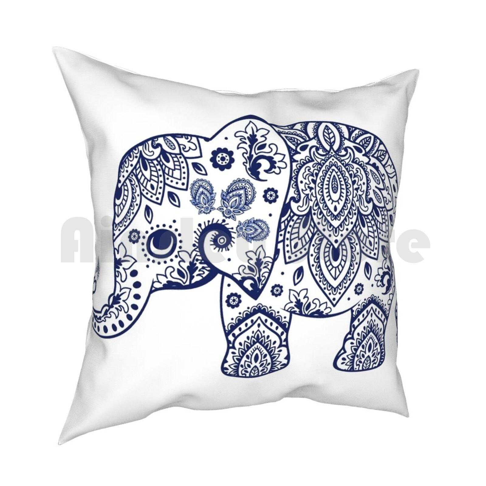 Blue Floral Elephant Illustration Pillow Case Printed Home Soft Throw Pillow Elephant Paisley Lace Floral Navy Blue 30x30cm 12x12in