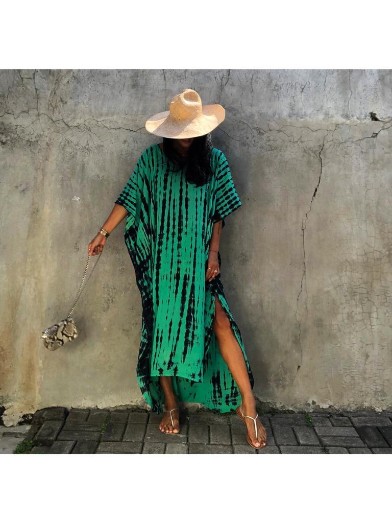 EDOLYNSA 2025 Casual Plus Size Kaftan Women's Tie-Dye Retro V-Neck Batwing Sleeve Long Dress Sexy Beach Swimsuit Cover-Up Q1218-730-15