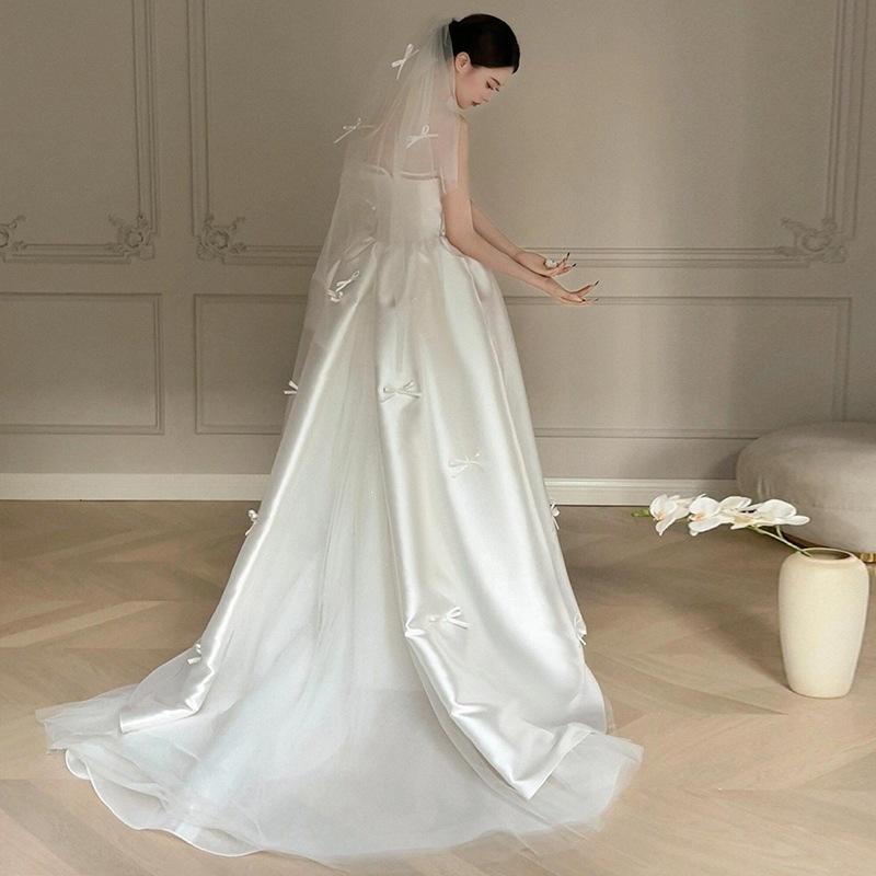 French Satin Light Wedding Dress New Bridal Simple Tube Top Going Out Dress White Bow Trailing Dress