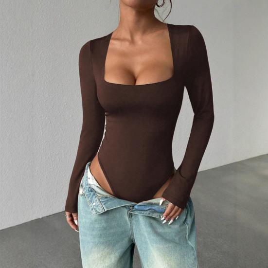 Women's Square Neck Bodysuit Long Sleeve Fall Basic T-Shirt Tops Sexy Slim Fit One Piece Bodysuit Top