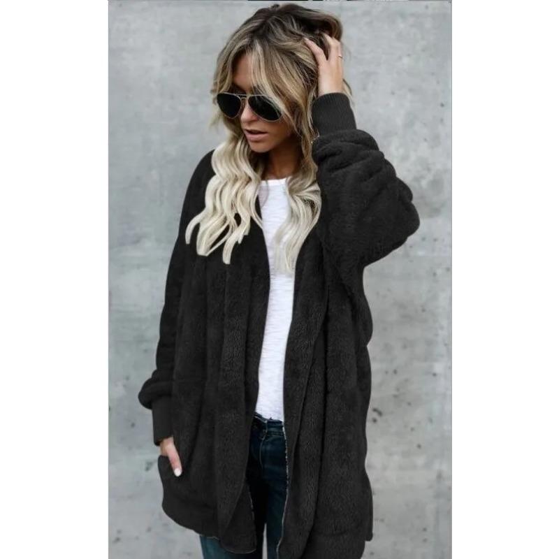 Autumn Winter Double Fleece Cardigan Jacket Women Solid Color Long Sleeve Plush Warm Hooded Lady Jacket Oversized Outerwear