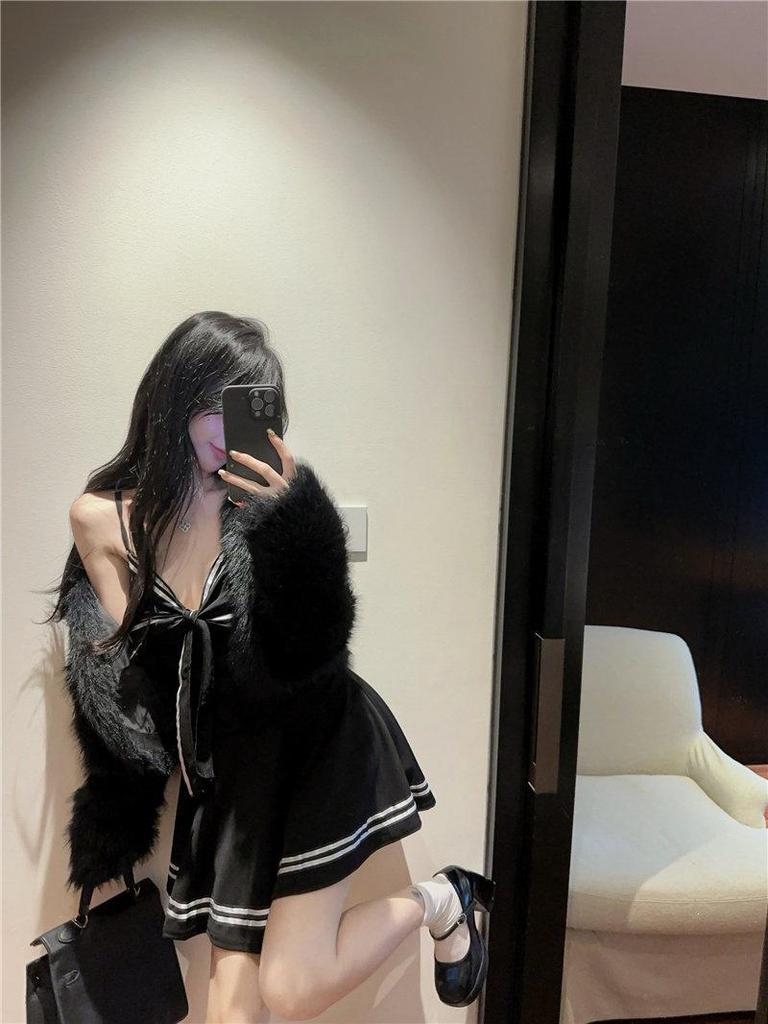 Bow Tie Lace-up Slim JK Uniform Camisole Mini Skirt Dress