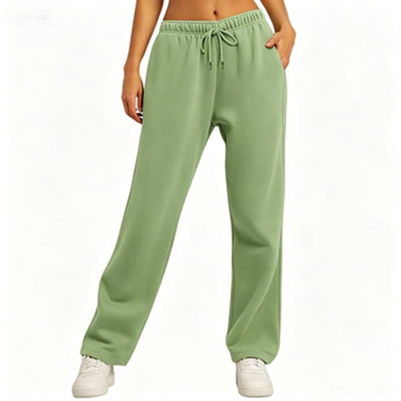 Women's Mid Waist Straight Sweatpants Loose Fit Drawstring Casual Wide Leg Trousers With Side Pockets