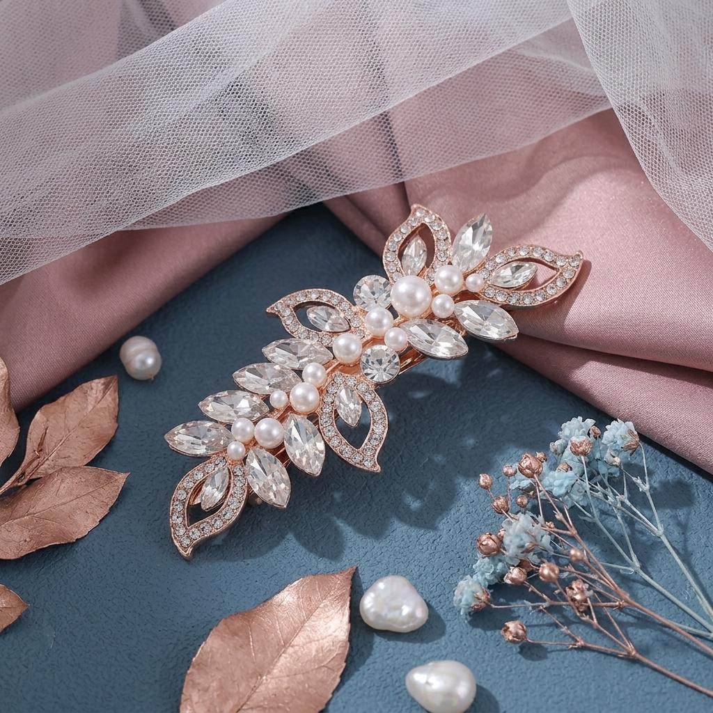 Bridal Rhinestone Pearl Hair Clip Alloy Comb Shaped Accessory With Crystal And Pearl Decoration For Wedding Dress