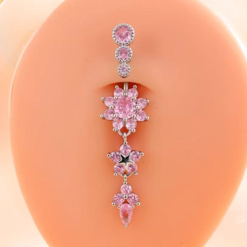 Long Dangled Zircon Belly Button Ring Pink Body Jewelry Stainless Steel Navel Piercing  Women