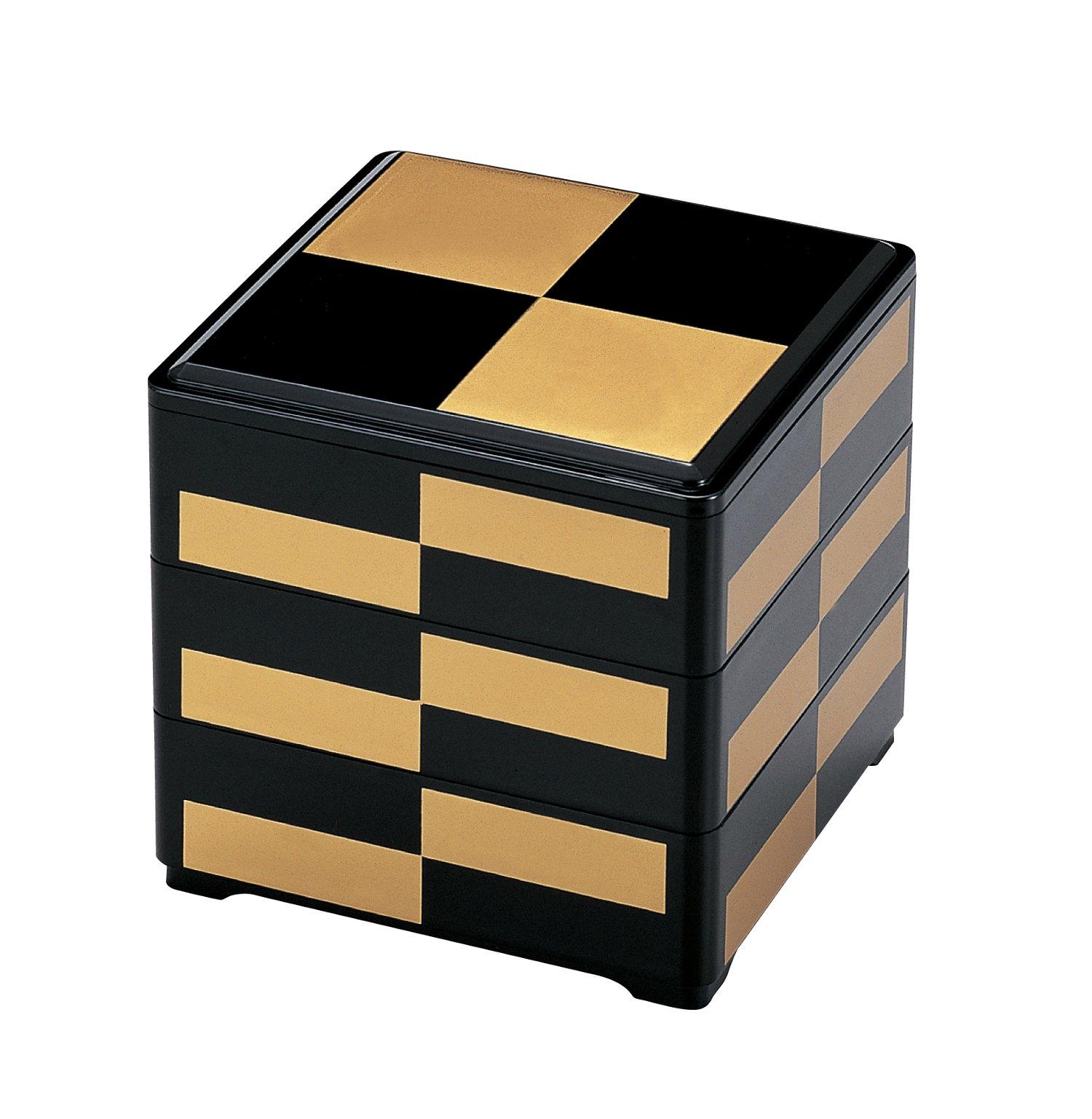 

Wakaizumi Lacquerware, 3-Tiered Jubako Box, 7.5 inches, Black with Gold Checkered Pattern (Black Interior), Deep, H-160-7-A