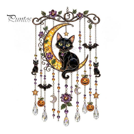 Whimsical Bat And Black Cat Decor Halloween Acrylic Wind Chime Pendant, Crystal Suncatcher Hanging Ornaments, Decorative Chimes Outdoor Window