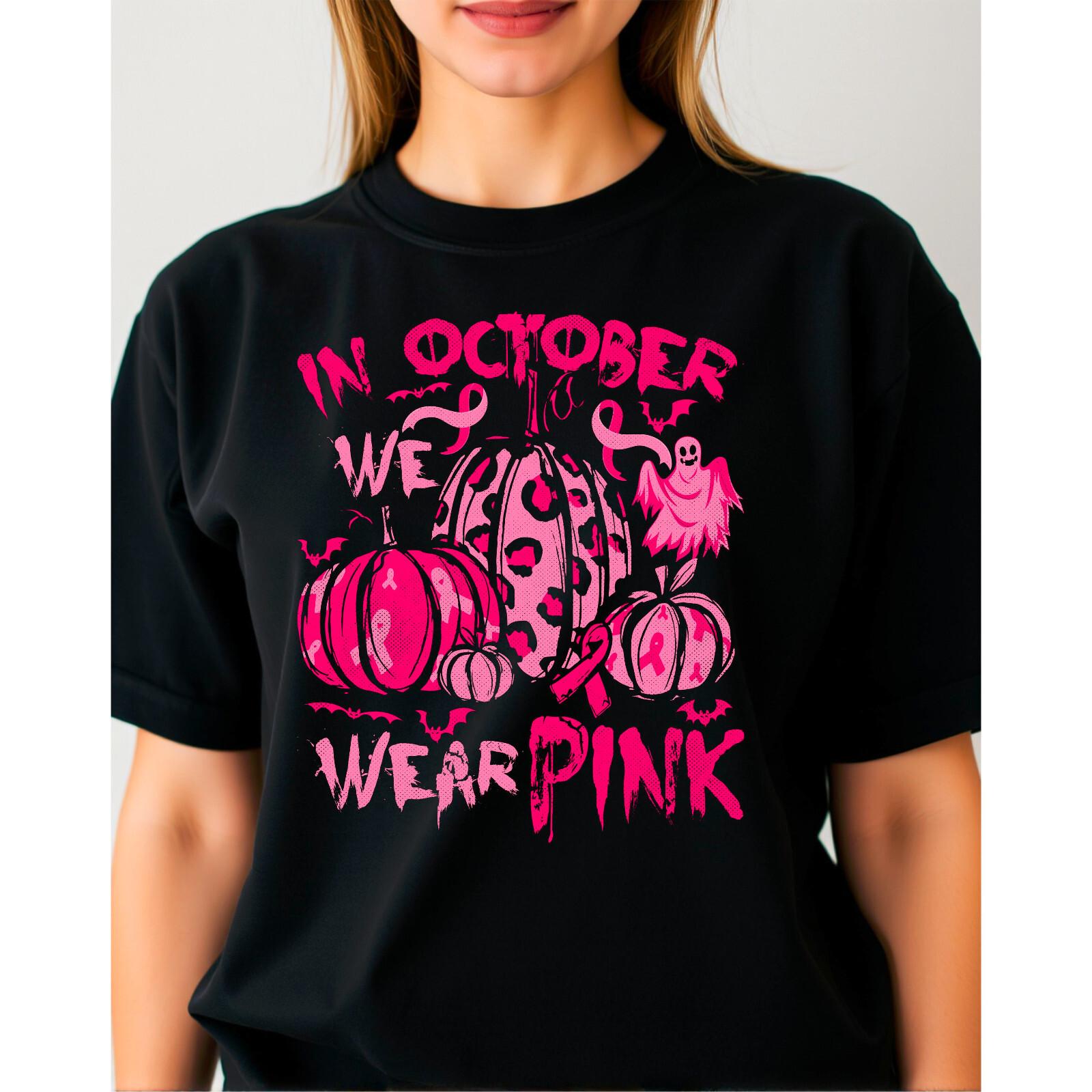 In October We Wear Pink T-Shirt Breast Cancer Awareness Halloween Unisex Tee S