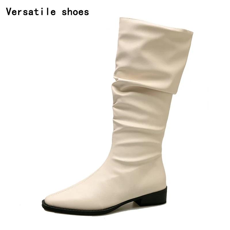 Slim Women Knee High Boots Fashion Slip On Pleated Long Booties Square Heels Autumn Winter Shoes