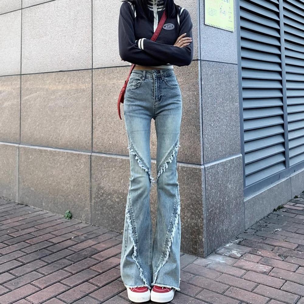 Personalized splicing micro-pull jeans women's spring and autumn new high-waisted slim-fitting and thin versatile horseshoe flared pants