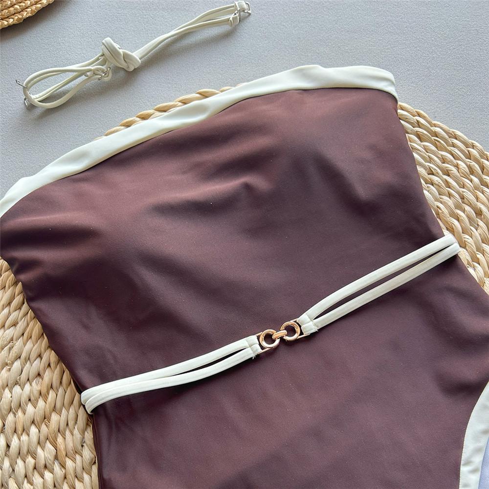 Brown Strapless Sexy Swimsuit Women One Piece Swimwear 2025 White Edge Metal Ring Belt High Cut Bathing Swimming Suit Monokini