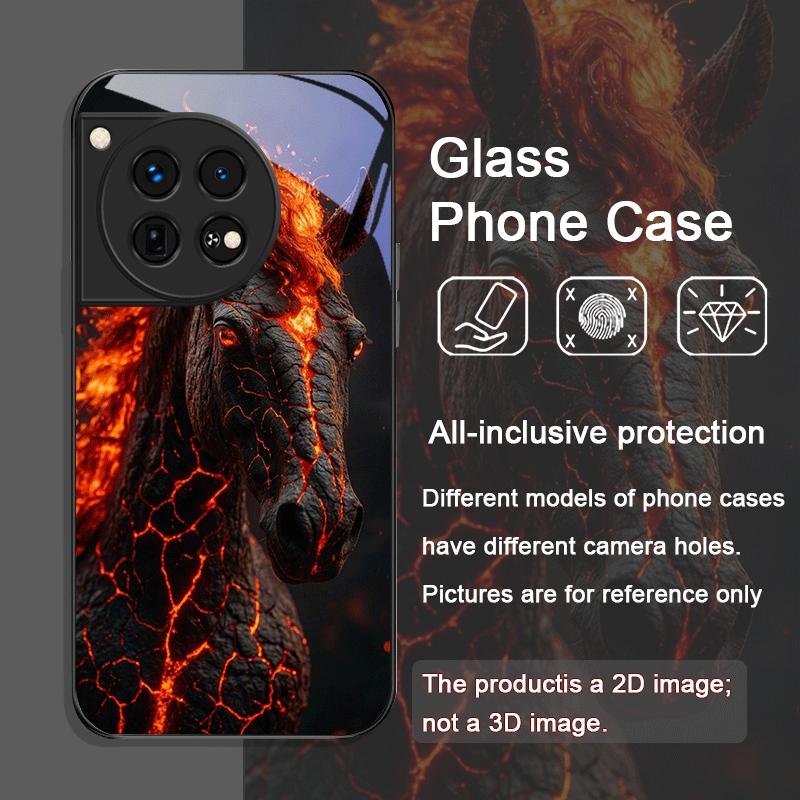 Creative Flame Black Horse Pattern Tempered Glass Phone Case for OnePlus 13R 12 11 10 Pro ACE2 ACE3 Nord CE4 CE3 CE2 Lite Cover