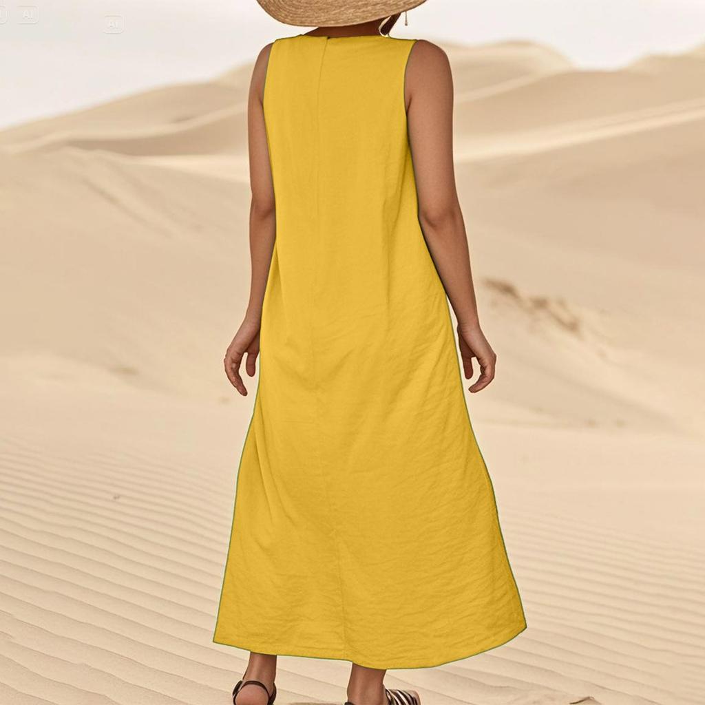 Fashion Women's Color Cotton And Linencasual Loose Vest Dress
