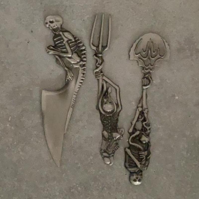 Skeleton Skull Zinc Alloy Cutlery Set Gothic Handle Knife, Fork and Spoon Set Witchy Halloween Tableware for Easter Gifts