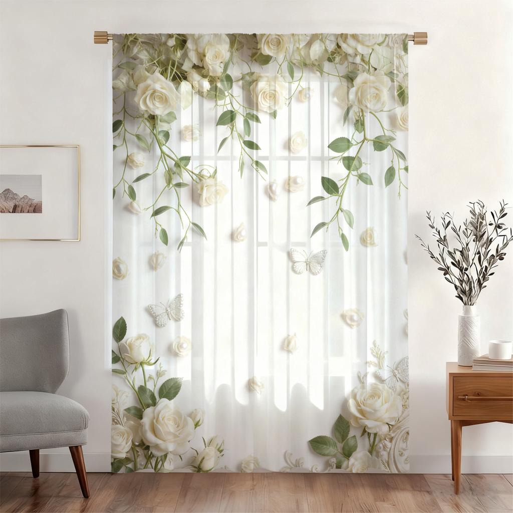 Piece White Rose Floral Decoration Design Lightweight Breathable Semi Transparent Made Polyester Suitable Living Room Bedroom Home Office Party Fiber