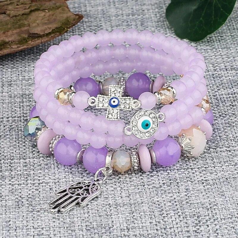 Bracciale Regolabile con Perline Acriliche Multistrato alla Moda per Donne BoHo Portafortuna Malocchio Croce Palma Ciondoli Bracciali Gioielli