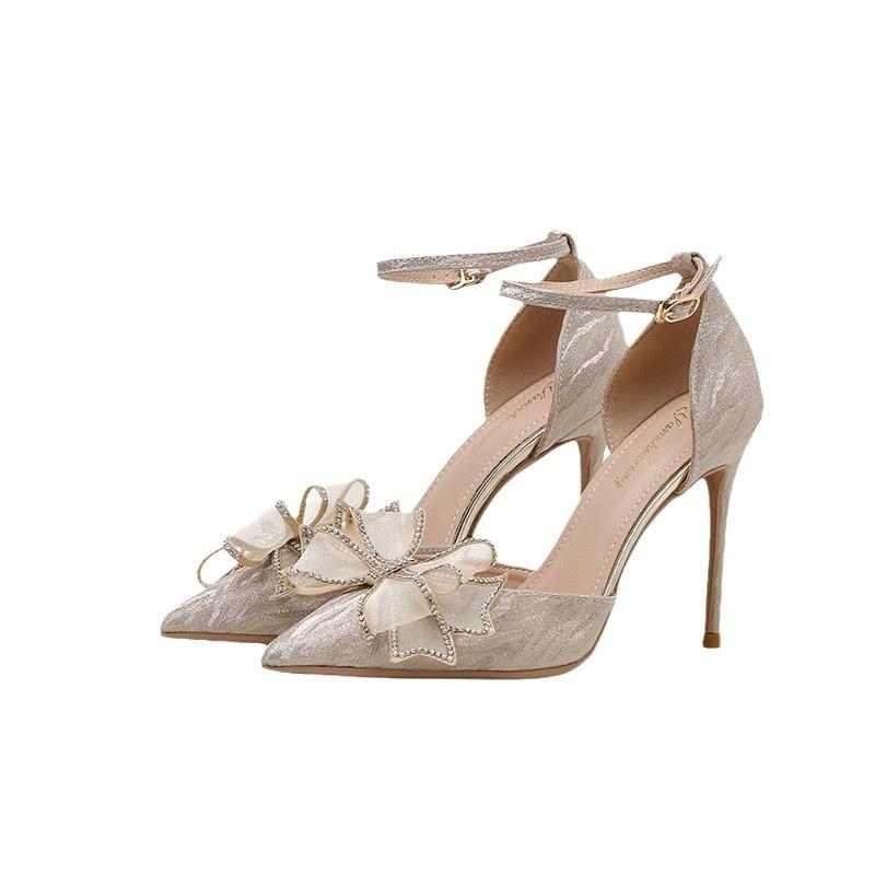 Sandals women's summer 2024 new rhinestone hollow bow bridesmaid shoes high heels fairy pointed single shoes women's stiletto