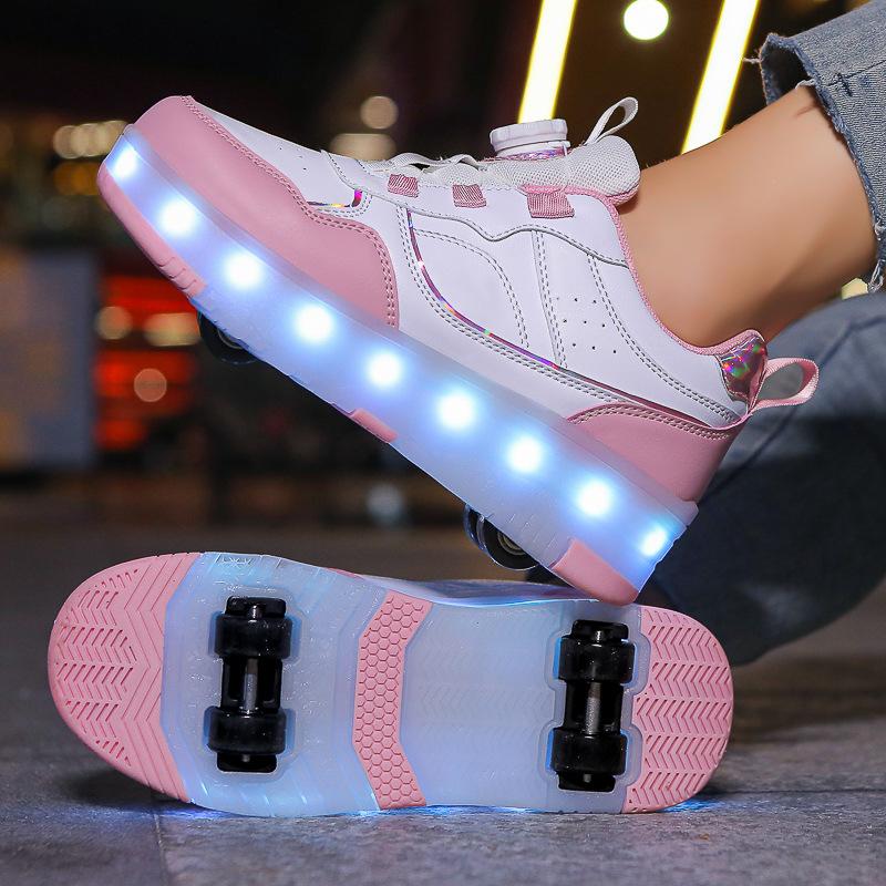 Runaway Shoes Children Girls Double Wheel Automatic Shrinkage Wheel Shoes Luminous Pulley Shoes Deformation Shoes