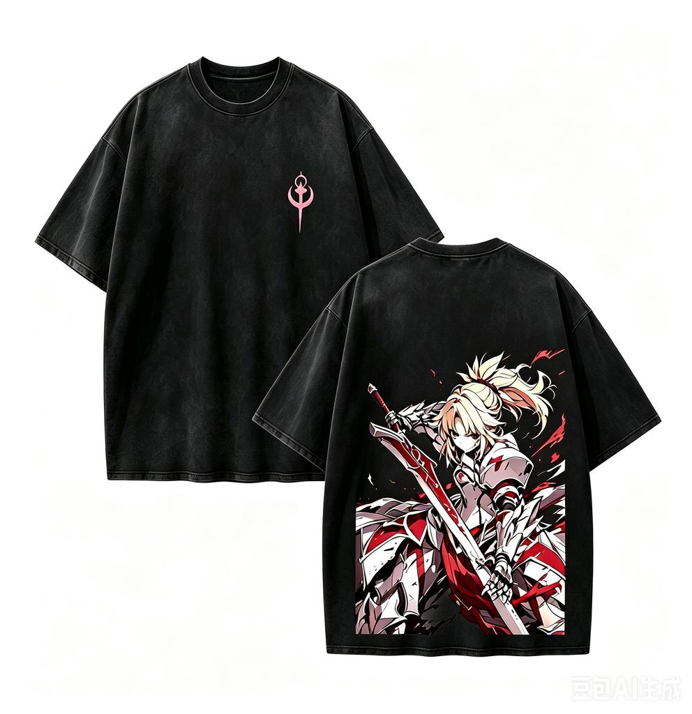 Vintage Gewaschenes Fate Mordred Grafik T-Shirt Weiche Baumwolle Kurzarm Übergroß Locker Unisex Anime Fate Serie Streetwear