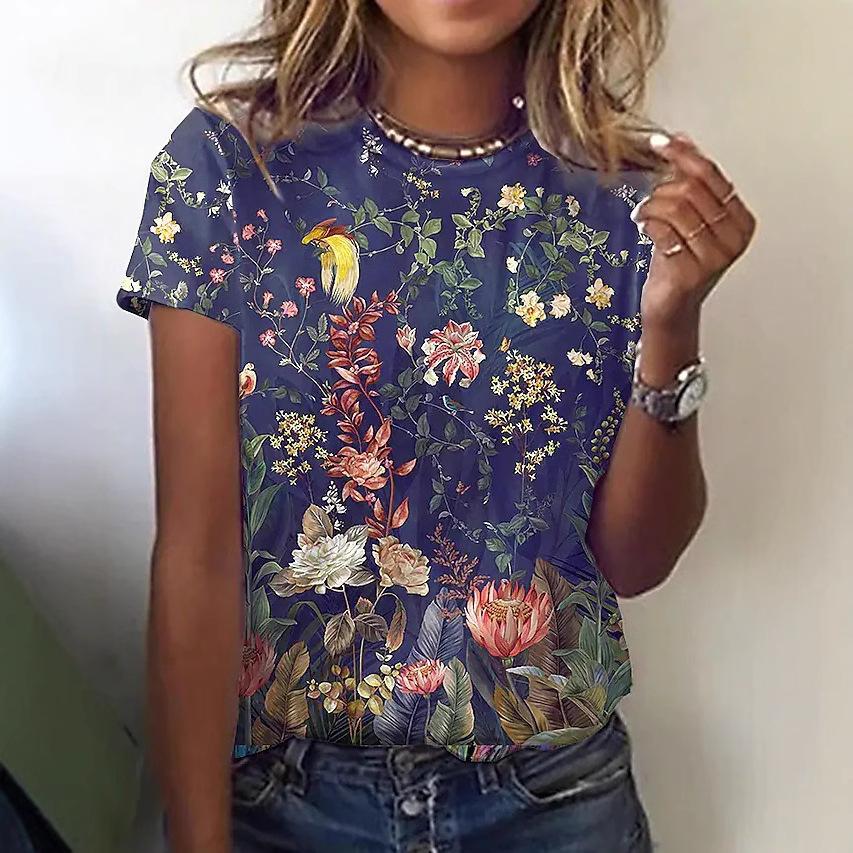 European and American Women's Clothing Hot Item Creative Color Flower 3D Printed T-shirt for Women 3222 KTB