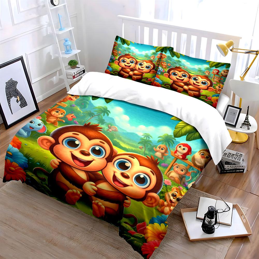 Smiling monkeys with greenery. Bedding sets Duvet cover sets Duvet covers Pillowcases(1 * Duvet Cover 2 * Pillowcases without duvet insert)