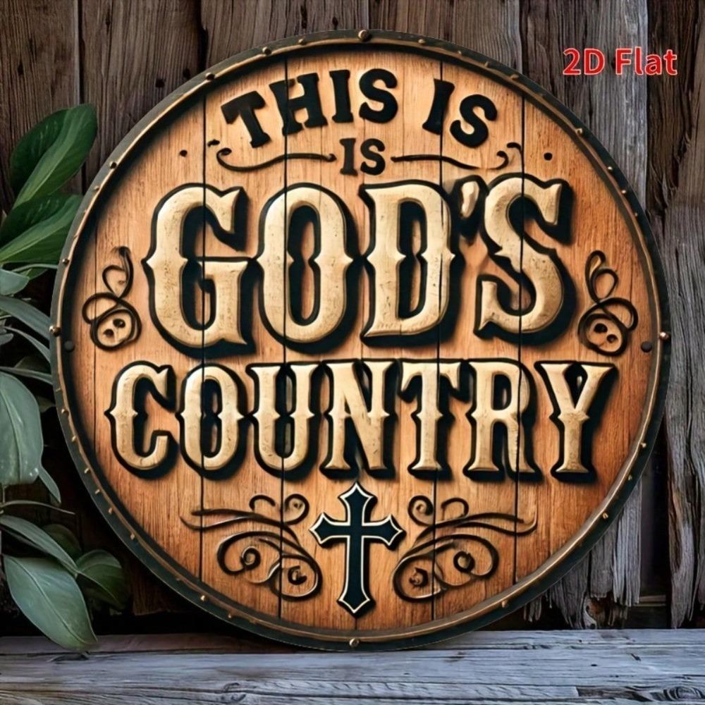 Vintage Metal Wall Art God's Country Round Sign with Cross Leaf Motifs 7.8x7.8 Inch Rustic Indoor Outdoor Decor for Home Cafe Garden