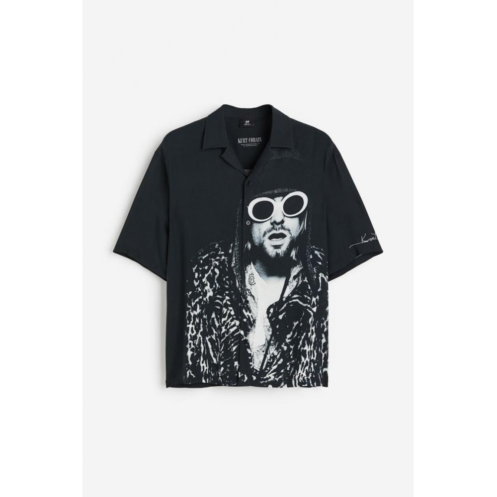 H M Relaxed Fit Printed caMp sHirt Black Kurt Cobain