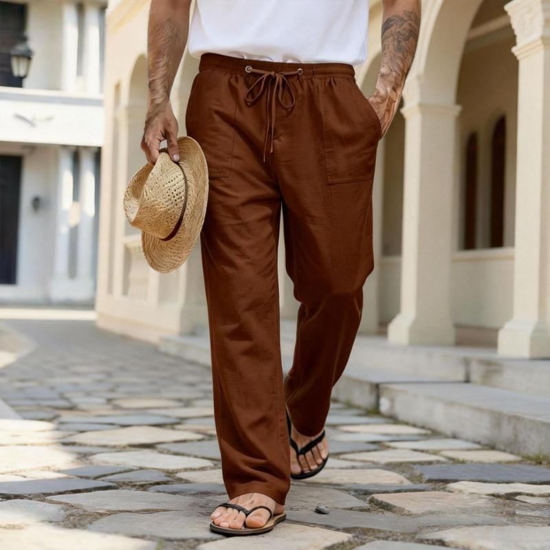 Men Elastic Waist Drawstring Linen-Like Casual Pants