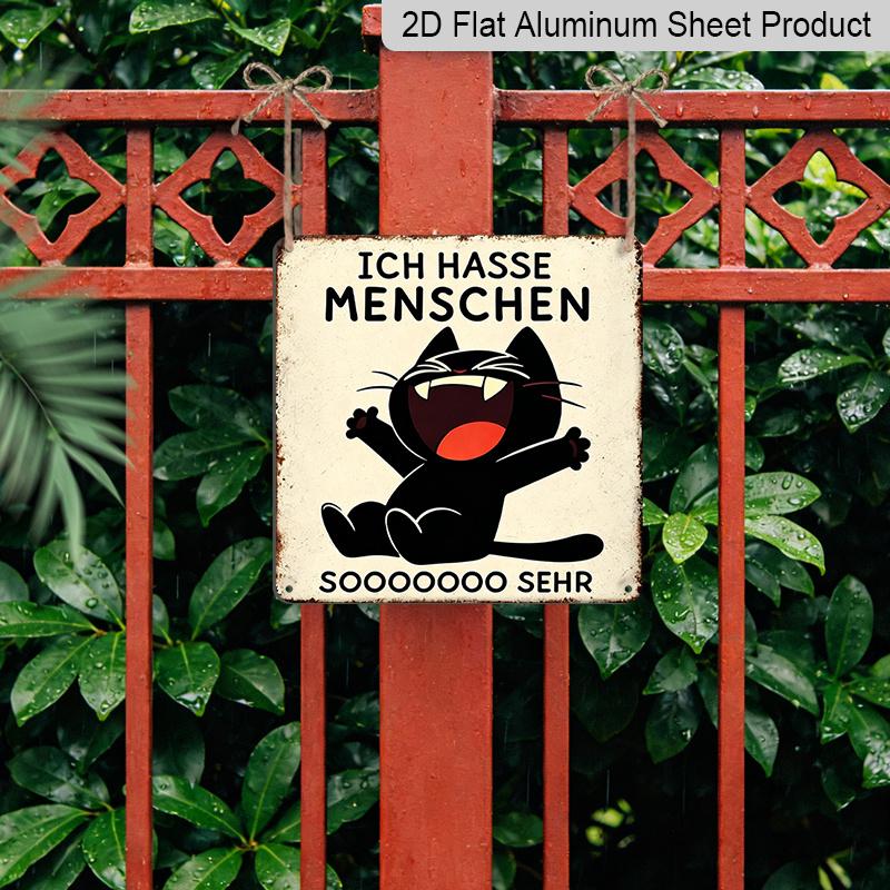 2D Flat, 1pc Vintage Aluminium Metal Sign, Outdoor Decorative Wall Sign, Retro Tin Sign Style, German Cat Humor Decor, "Ich Hasse Menschen", Home