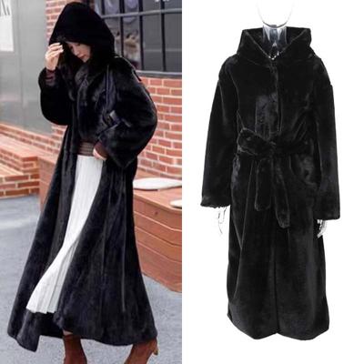 Faux Fur Long Coats Women Hoodies Oversize Long Sleeve Button Lady Elegant Jacket with Belt Winter Warmer Female New Fashion