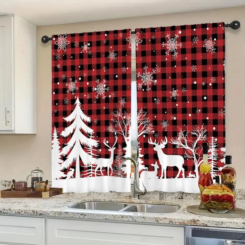 

Рождественские шторы с красно-клетчатым и оленьим дизайном, машинная стирка, идеально подходят для гостиной, спальни, кухни и фермерского дома