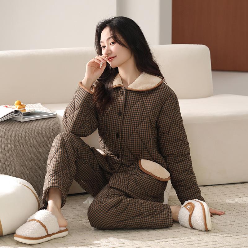 Three-Layer Woven Pure Cotton Padded Pajamas, Women'S Winter Thickened And Velvet Padded Jackets, Warm Loungewear Can Be Worn Outside