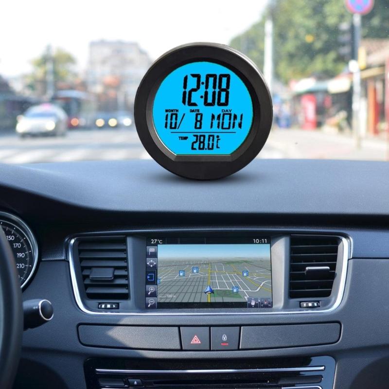 Car Digital Clock Solar Powered Date Week Clock with Temperature Display Automotive Dashboard Round Clock