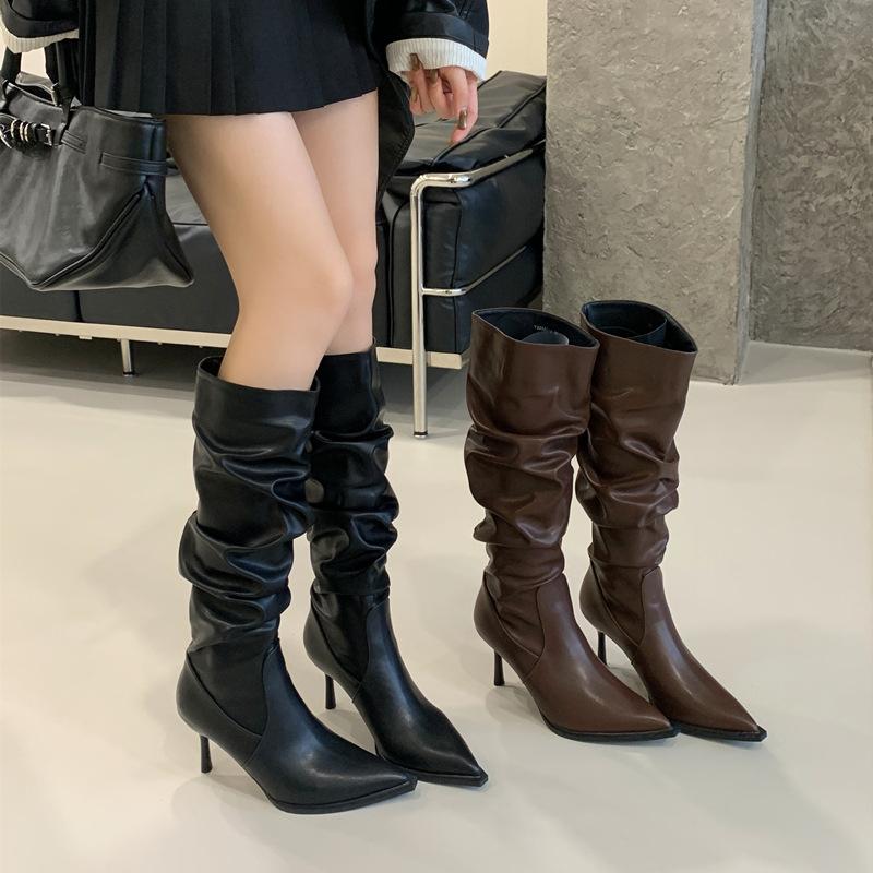 

Остроносые ботильоны на тонком высоком каблуке, новые осенне-зимние женские ботинки-чулки средней длины с плиссировкой, ботинки Мартин, высокие ботинки 40 темно-коричневого