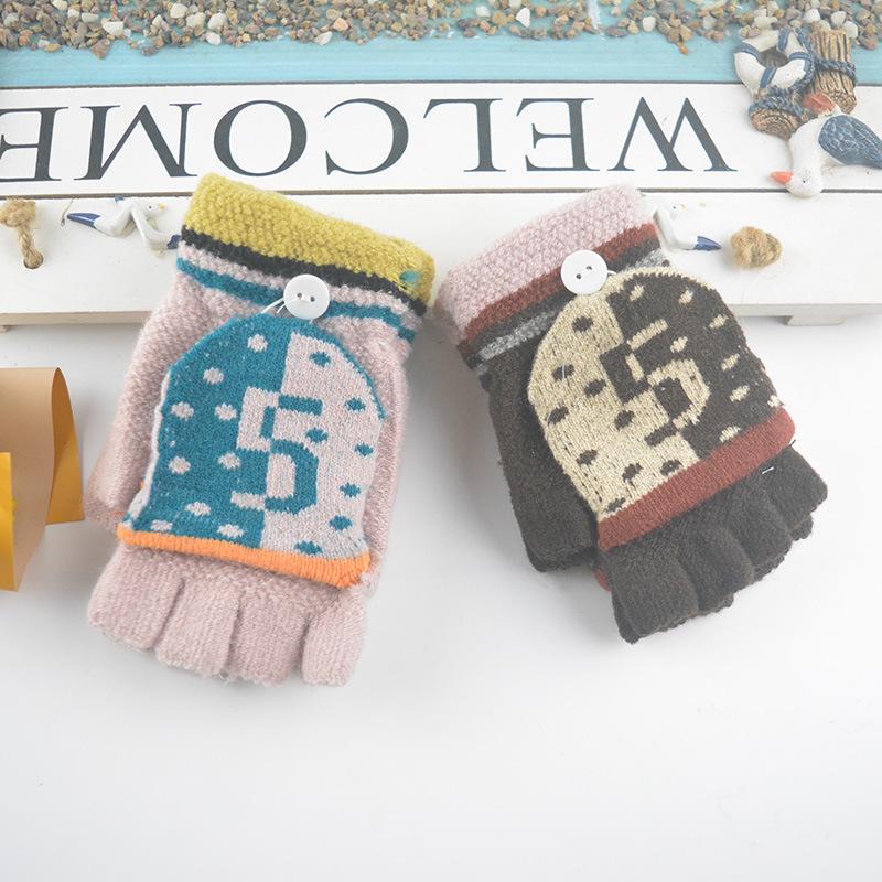 New Children's Flip Half-finger Gloves Winter Warm Cute Cartoon Leaking Finger Middle and Older Children's Writing Gloves