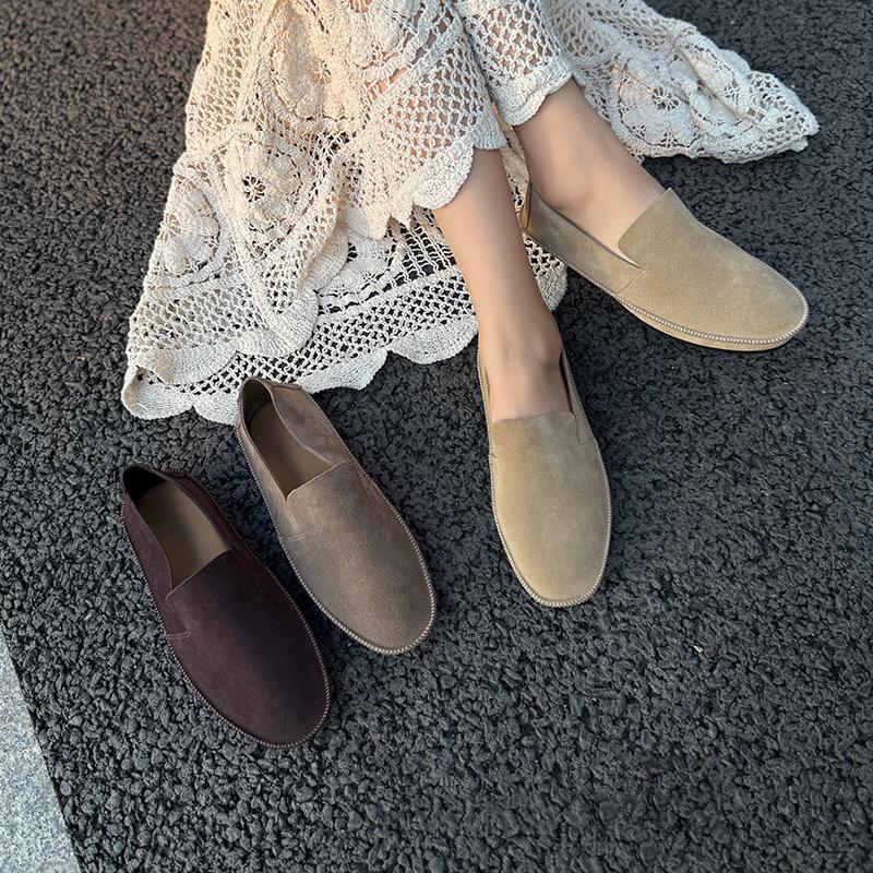 Johnature Retro Handmade Cow Suede Loafers Versatile Round Toe Soft Soled Women's Flat Slip-on Shoes