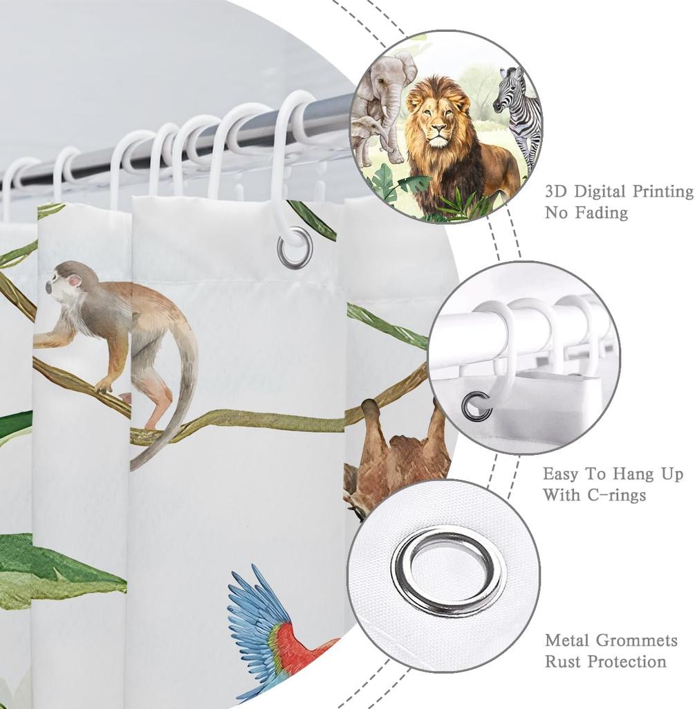 Wildtier Duschvorhang Dschungel Elefant Giraffe Zebra Regenwald Tropisch Safari Badezimmer Heimdeko Wasserdicht Polyester