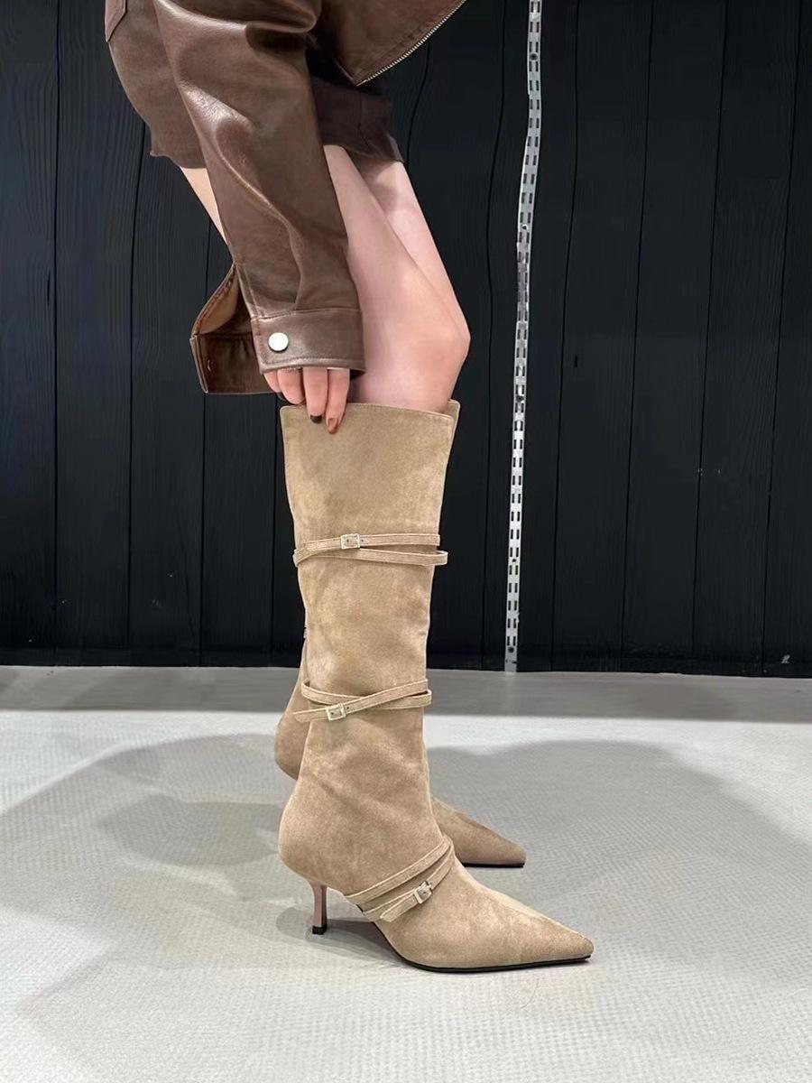 

Fashion fine boots Skinny boots Women s thin straps Pointed suede thin heels High boots But knee high heels Boots Women 35