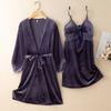 New Autumn Velvet Pajamas Two-piece Robe Set Feminine Lace See-through Robe Bathrobe Casual Velvet Home Clothes