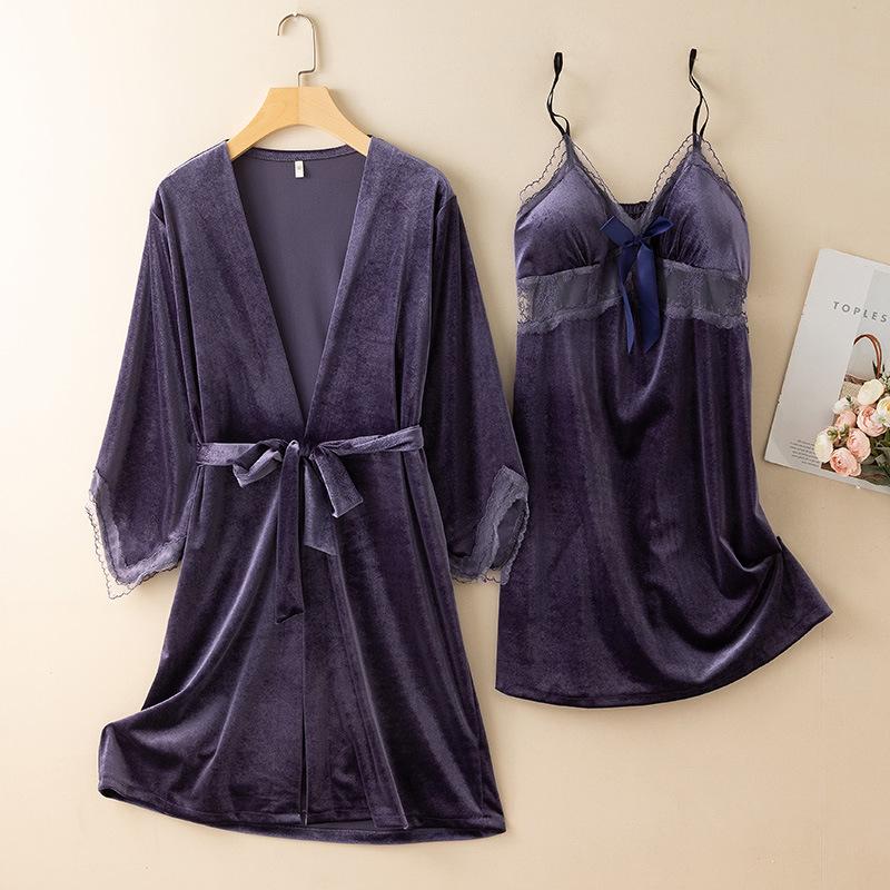 New Autumn Velvet Pajamas Two-piece Robe Set Feminine Lace See-through Robe Bathrobe Casual Velvet Home Clothes