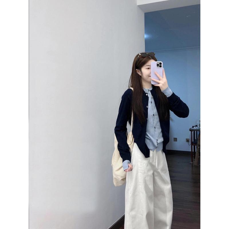 Fake two-piece layered loose top women's autumn new contrasting color splicing knitted cardigan college style sweater jacket