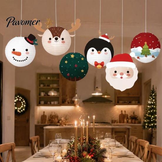 Snowman Ceiling Ornaments 6Pcs Christmas Cartoon Paper Lanterns, Santa Penguin Reindeer Decorative Lantern Sets Hanging Decor for Store Window,