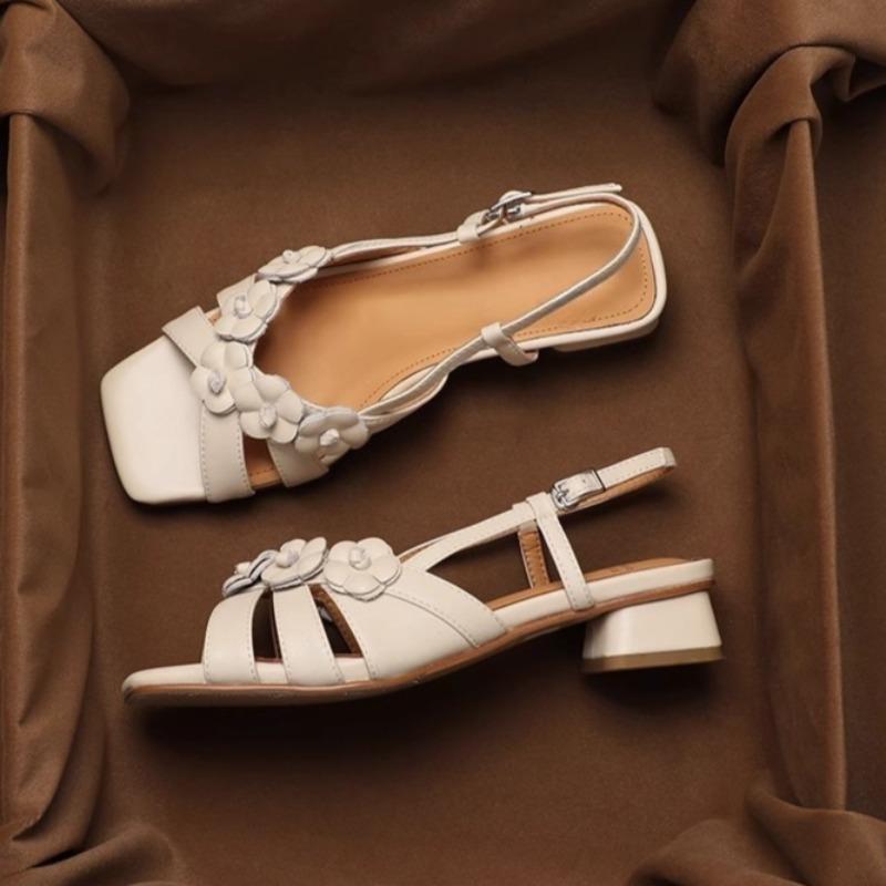 Fashion Open Toe Block Heel Roman Sandals Women's Summer New Fashion Square Toe Shallow Mouth One Strap Flower Sandals