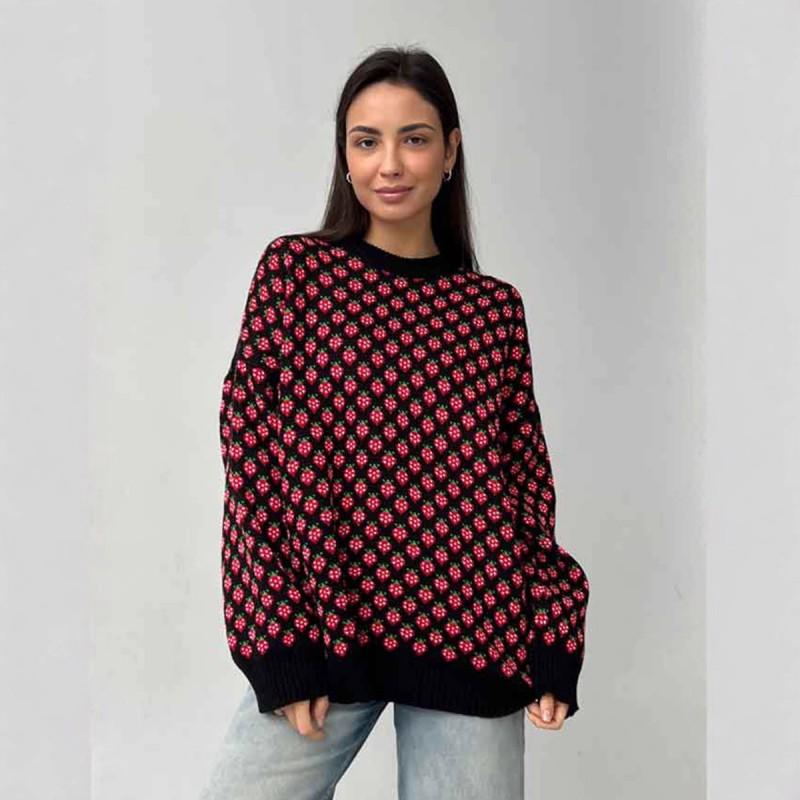Erdbeer Jacquard Pullover Damen Rundhals Langarm Pullover Locker Gestricktes Oberteil Herbst Winter