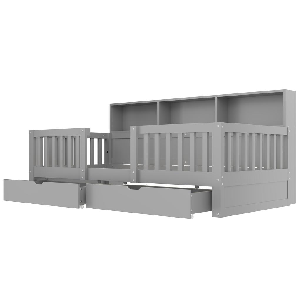 Letto per Bambini, 90 x 200 cm – Testiera Alta con Sponda di Sicurezza, Cassetti, Mensole e Illuminazione a LED, Grigio