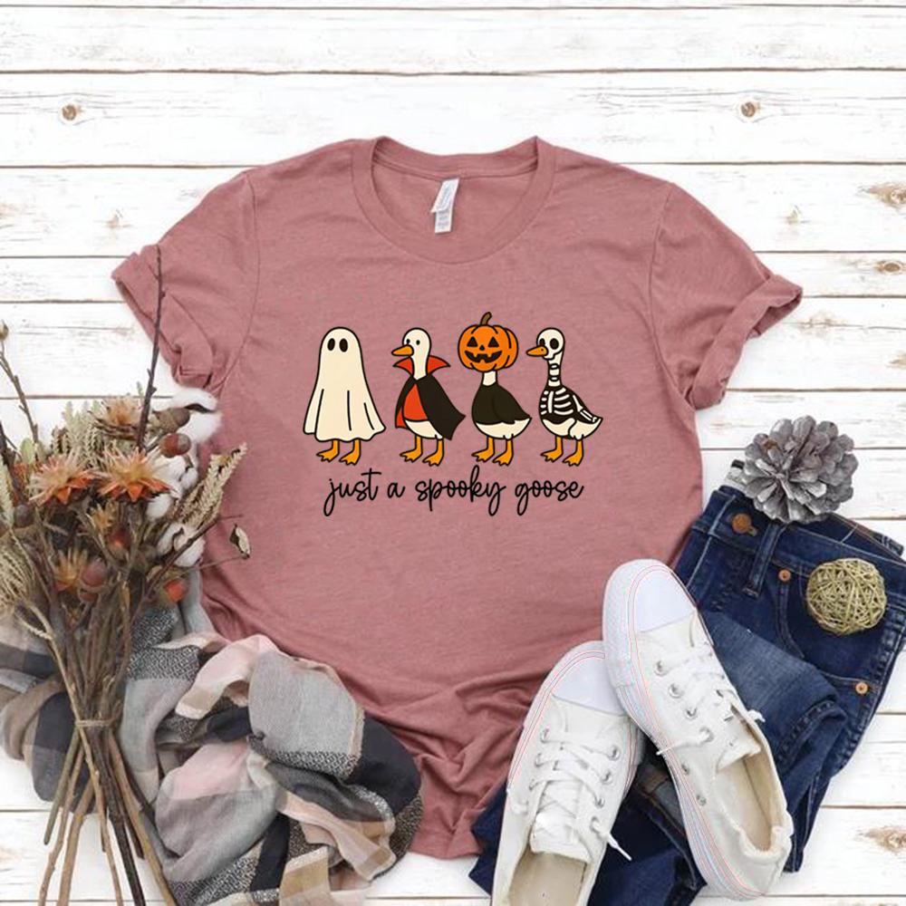 Just A Spooky Goose Tshirt Funny Halloween Goose T Shirt Unisex Women Short Sleeve Graphic Tees Cute Horror Tshirt Halloween Gift