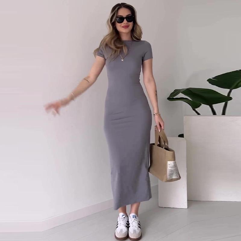 2024 Summer Solid Color Slim Fit Round Neck Hip Wrap Dress for Women